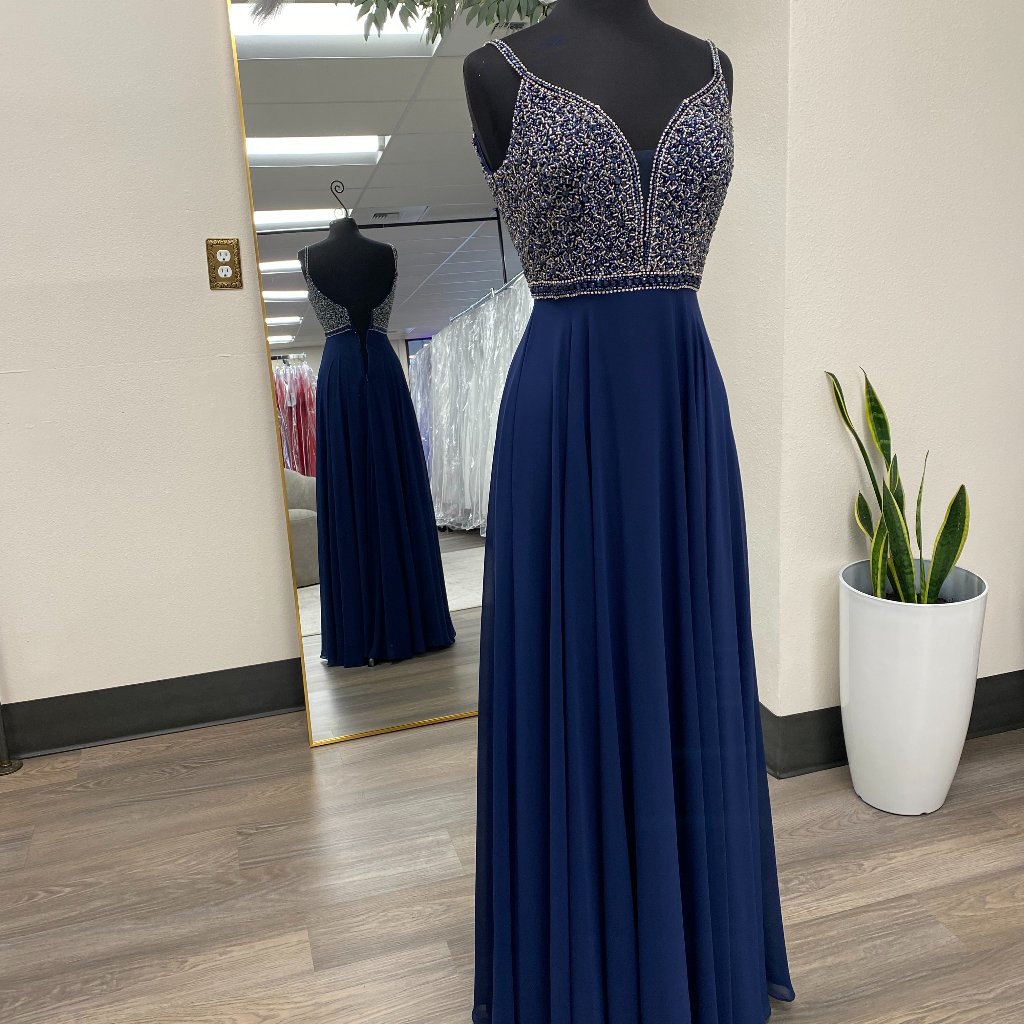 Long Flowy Navy Gown With Beaded Top